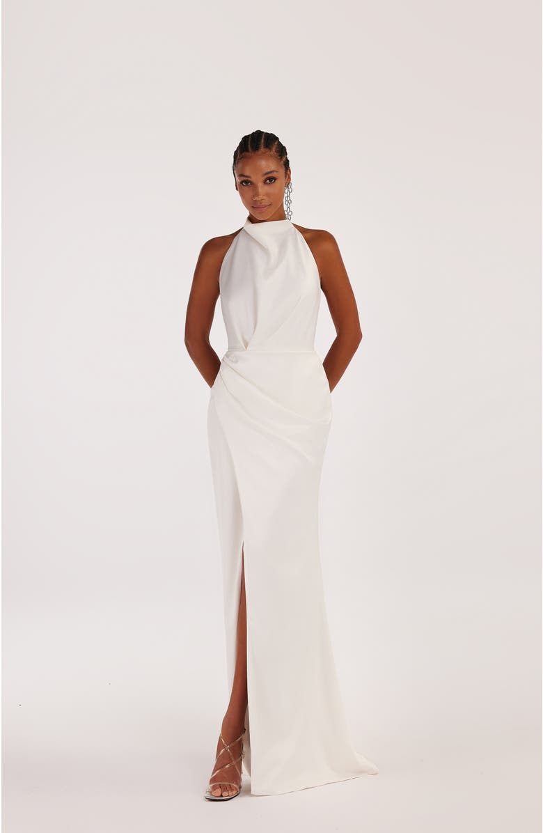 Milla White Mock Neck Sleeveless Low Slit Dress, Alternate, color, 