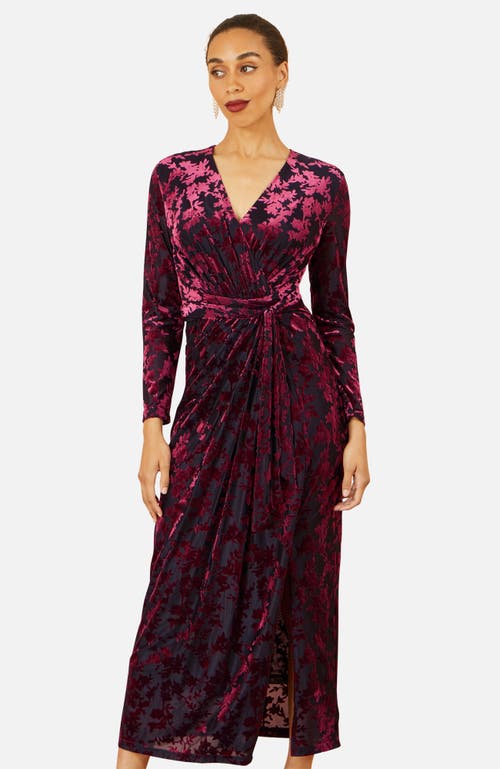 Yumi Velour Stretch Midi Dress In Burgundy