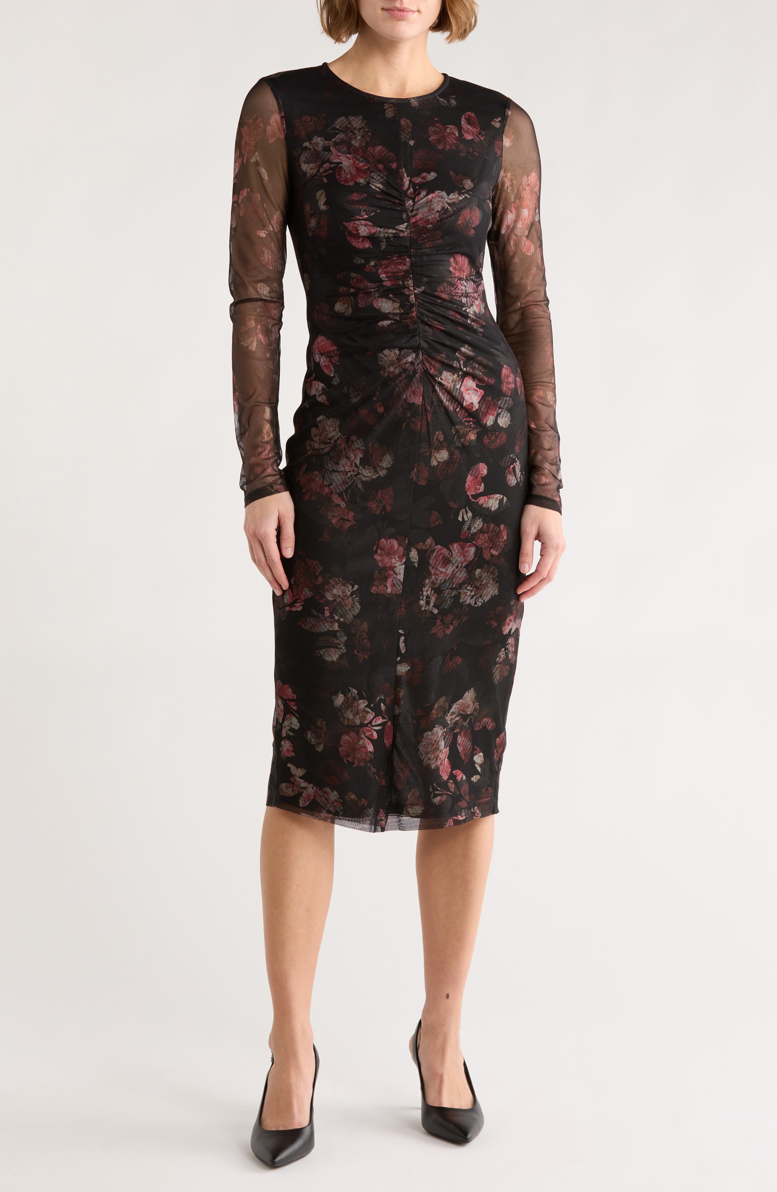 Vince Camuto Ruched Long Sleeve Mesh Body-Con Dress