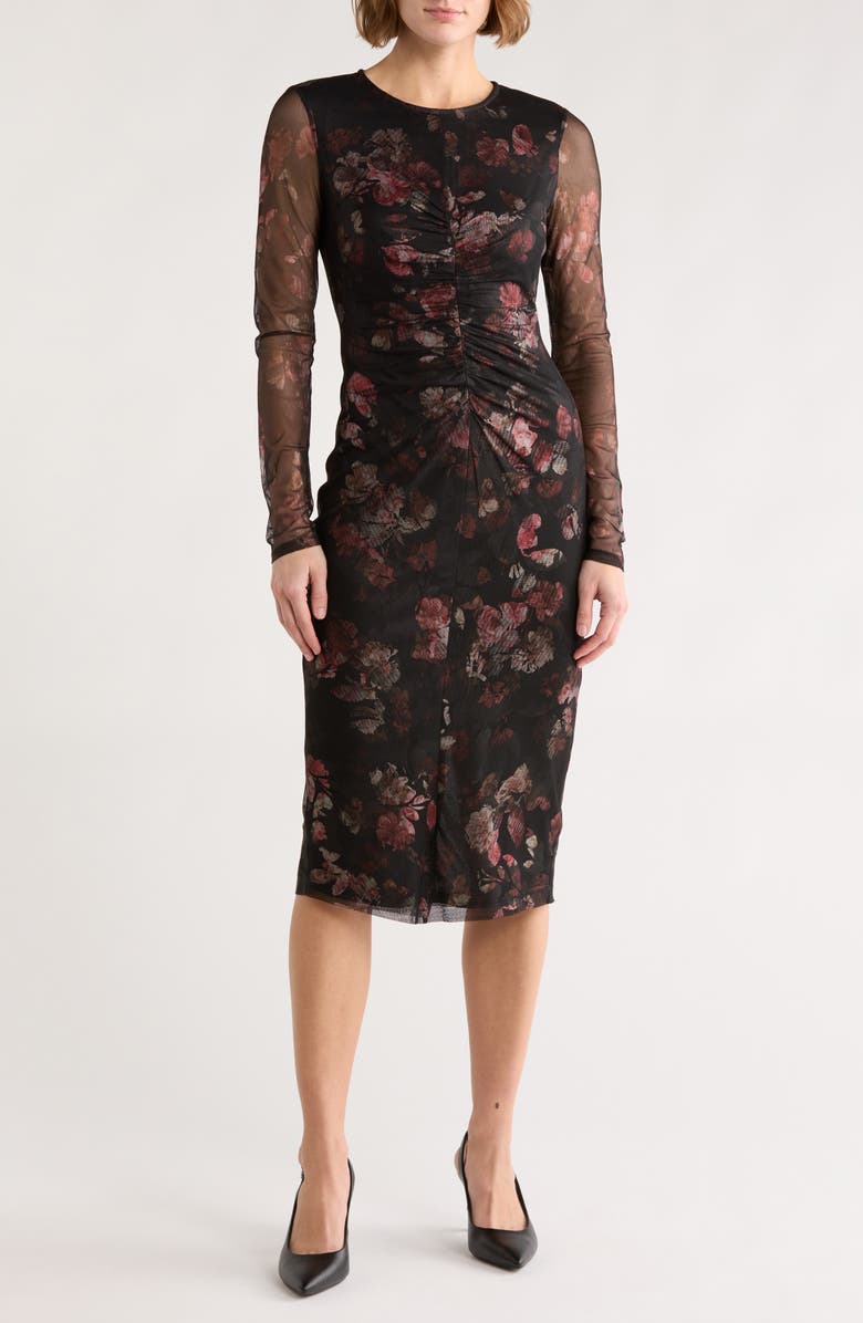 Vince Camuto Ruched Long Sleeve Mesh Body-Con Dress, Main, color, Black/ Pink Multi