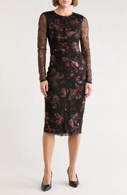 Vince Camuto Ruched Long Sleeve Mesh Body-Con Dress