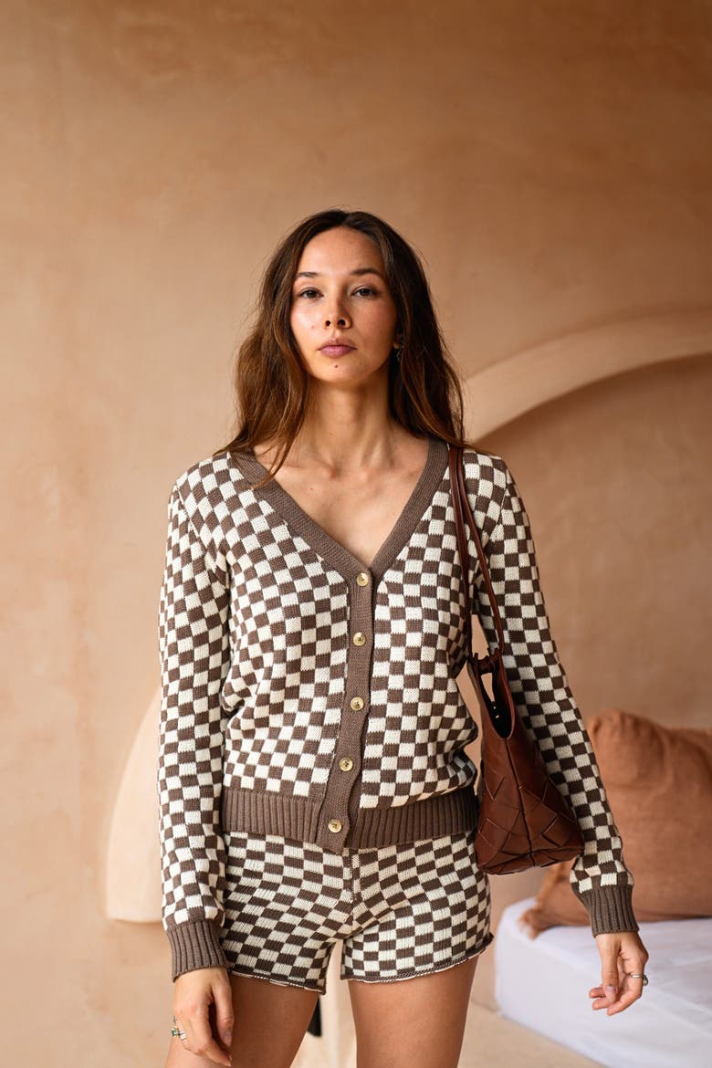 Annie Checked Knit Cardigan, Alternate, color, Brown
