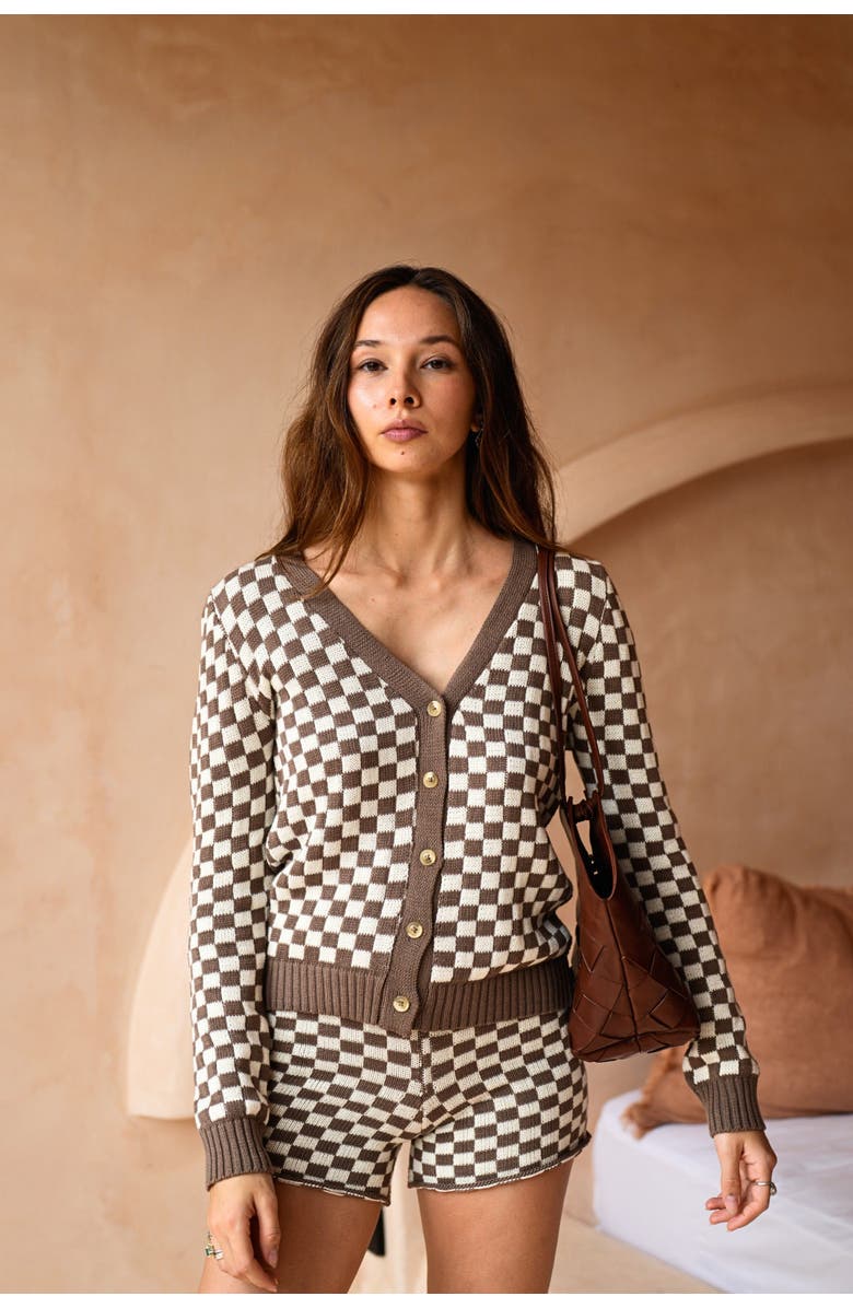 PINK HALEY Annie Checked Knit Cardigan, Alternate, color, Brown
