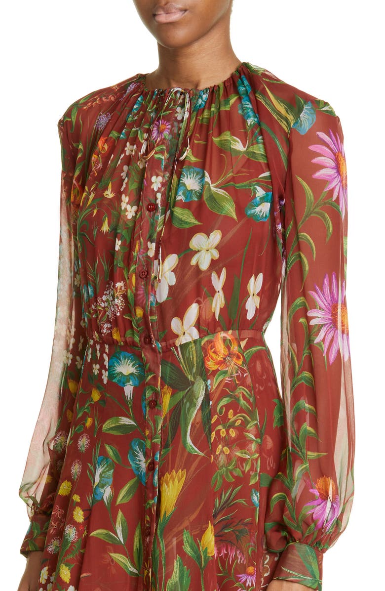 Oscar de la Renta Floral Tapestry Long Sleeve Silk Chiffon Dress, Alternate, color,