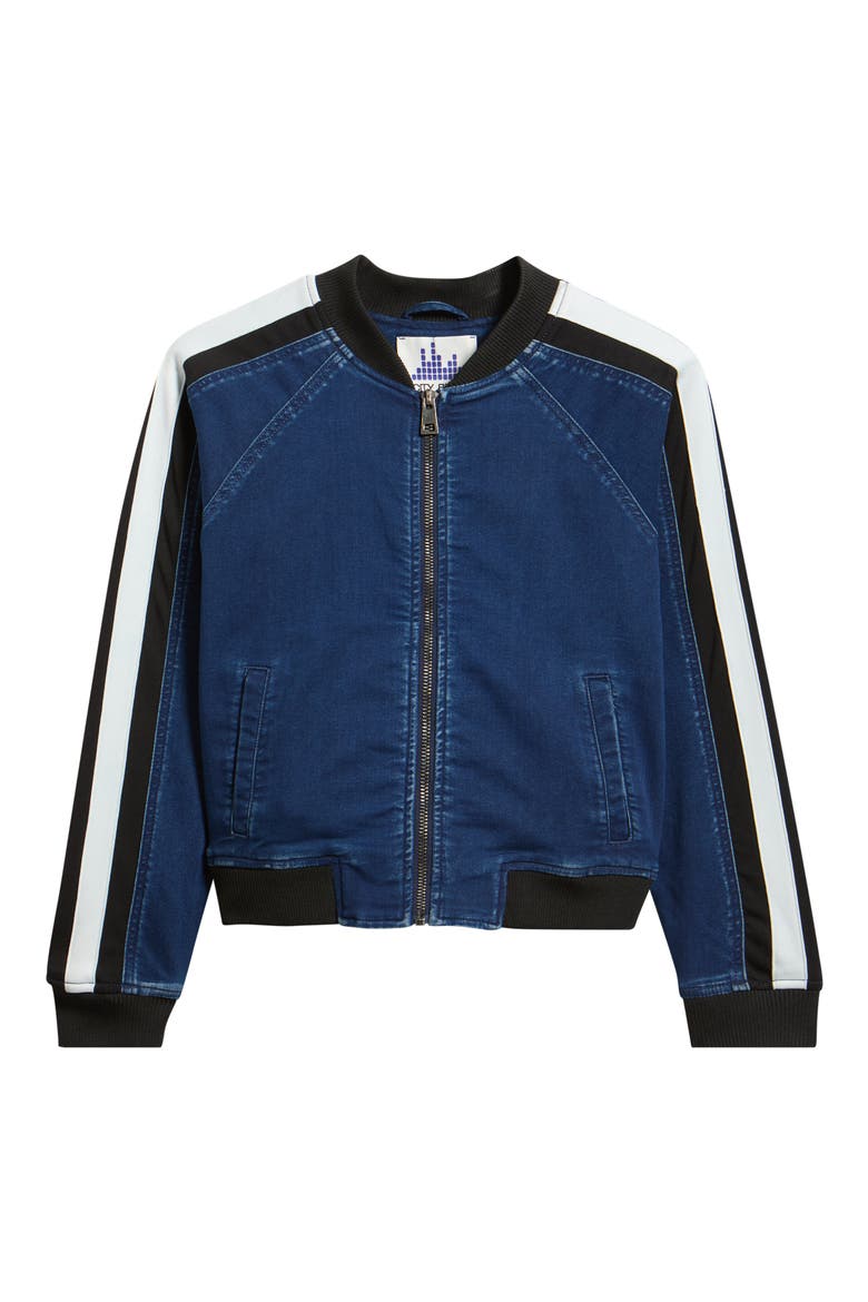 Athletic Stripe Denim Bomber Jacket, Alternate, color, INDIGO