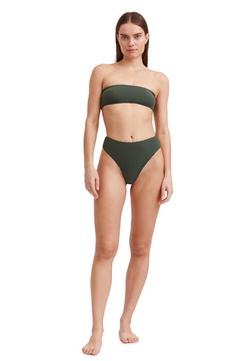 Striped print bandeau bra swim top, Alternate, color, DARK OLIVE