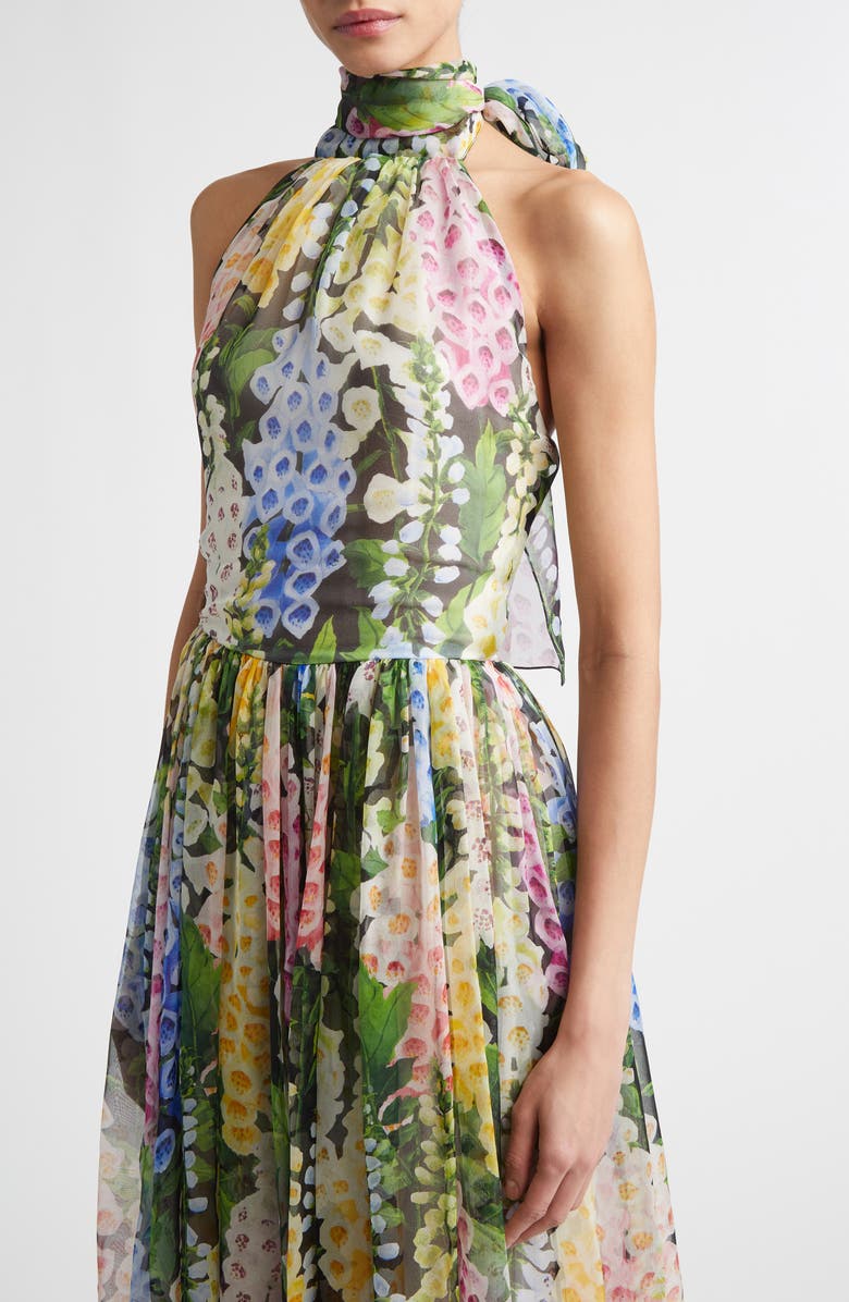 Oscar de la Renta Foxglove Gathered Silk Chiffon Gown, Alternate, color, Black Multi