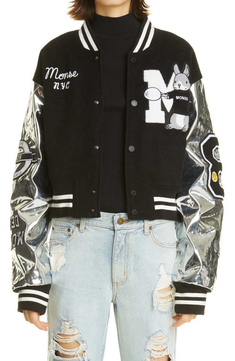 MONSE Mixed Media Crop Letterman Jacket, Main, color, 