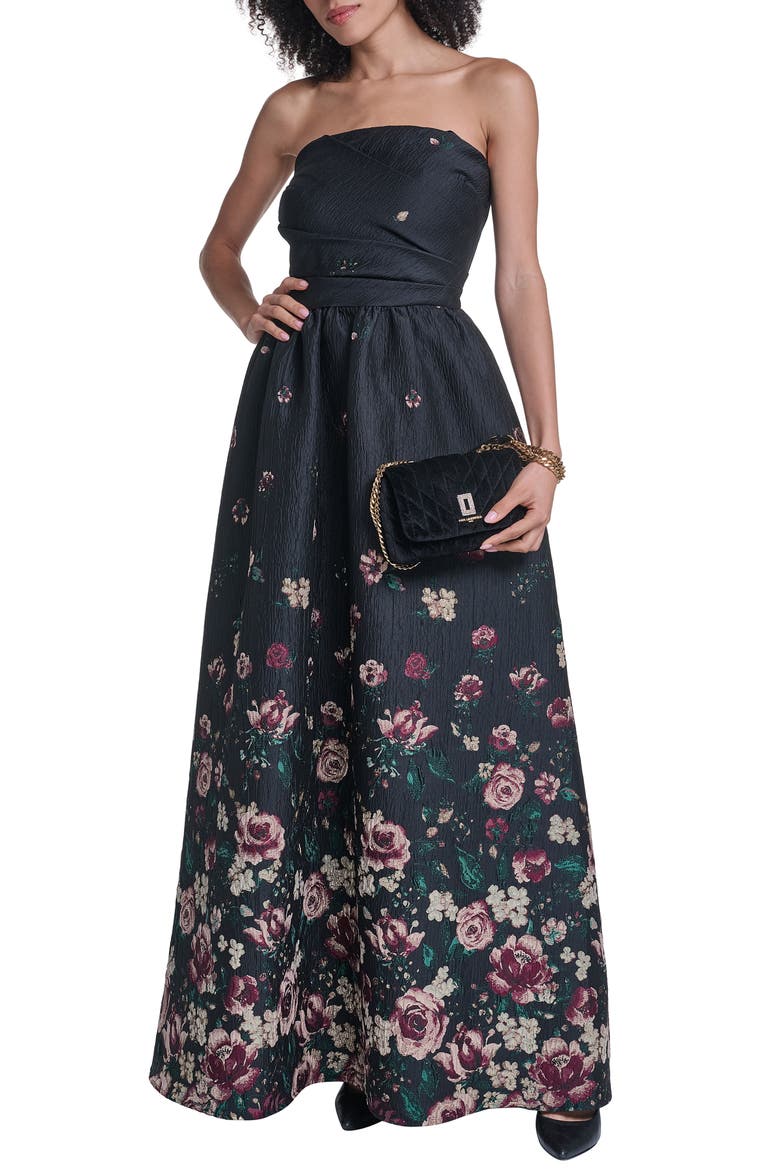 Floral Print Fils Coupé Ballgown, Alternate, color, BLACK MULTI