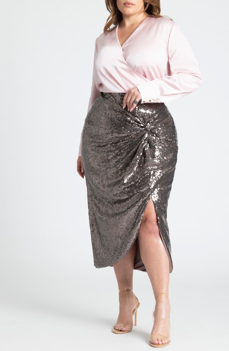ELOQUII Draped Seqin Midi Skirt, Alternate, color, 
