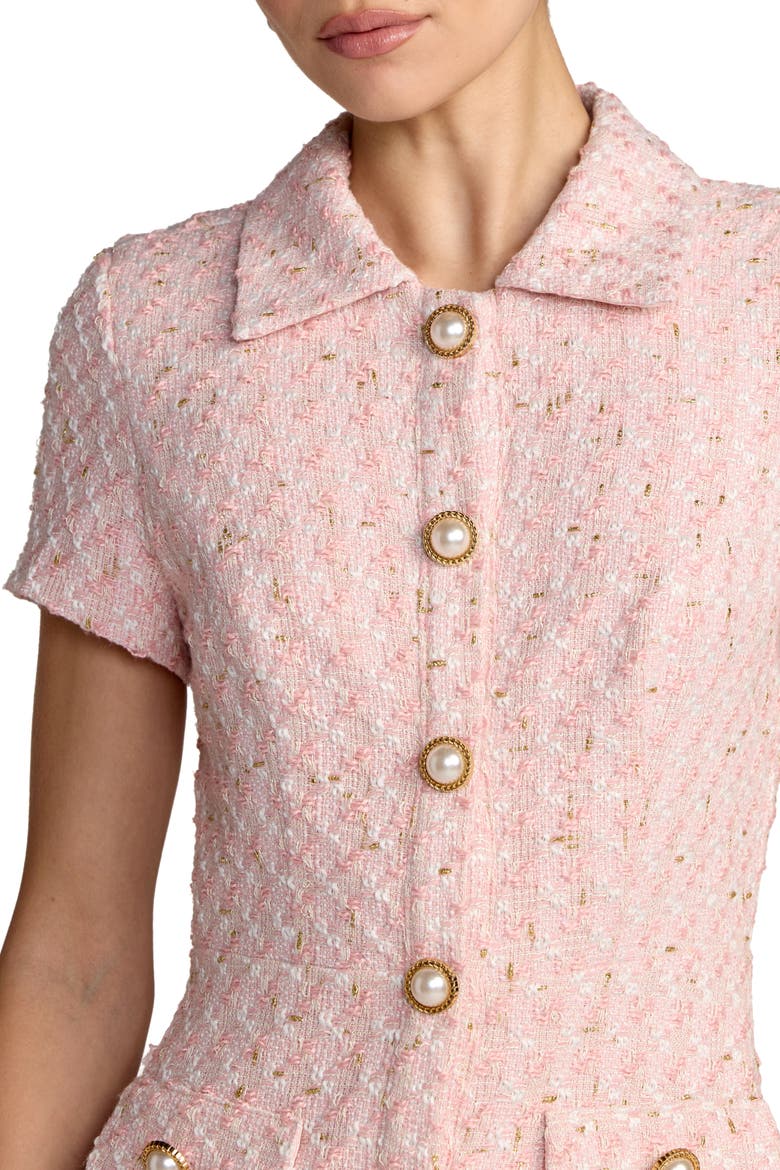 Bouclé Cap Sleeve Button Up Pleated Mini Dress, Alternate, color, Pink
