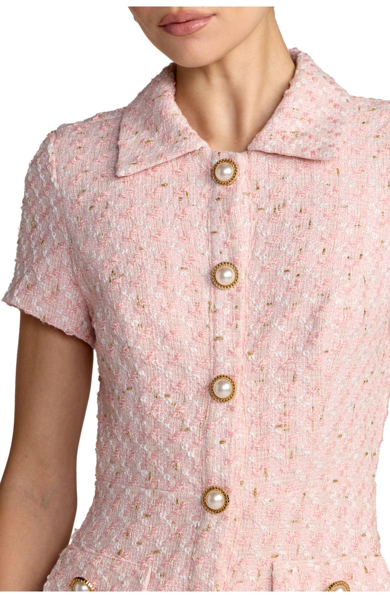 Mac Duggal Bouclé Cap Sleeve Button Up Pleated Mini Dress, Alternate, color, Pink