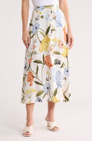 Ellen Tracy Floral Button Flare Midi Skirt