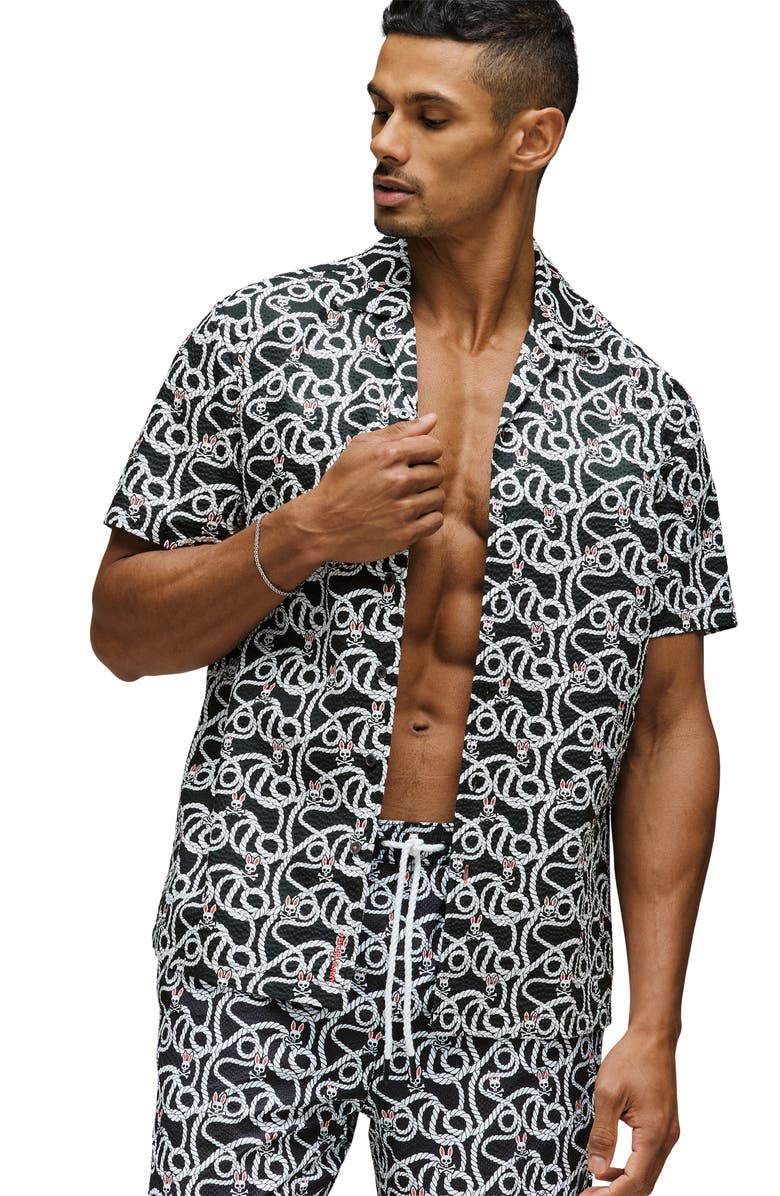 Psycho Bunny Cyrus Seersucker Button Front Shirt, Alternate, color, Black