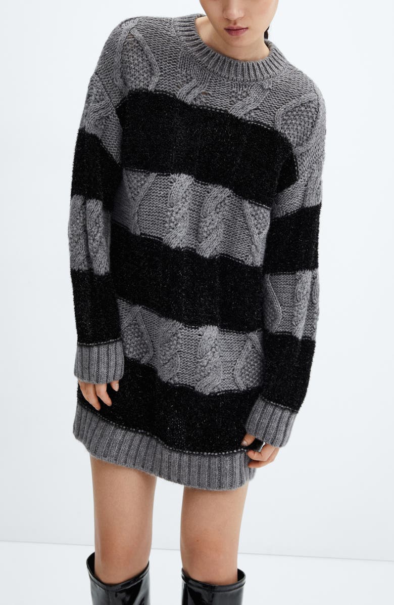 MANGO Metallic Stripe Cable Long Sleeve Sweater Dress, Alternate, color, 