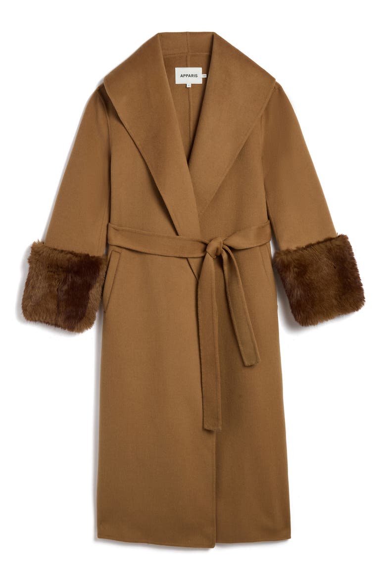 Jill Faux Fur Cuff Wrap Coat, Alternate, color, CAMEL/ MINK