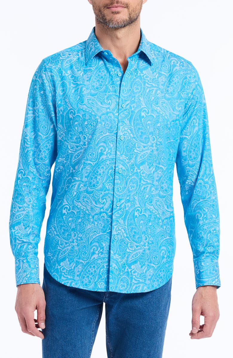 Robert Graham Hudson Floral Print Button-Up Shirt, Main, color, Blue
