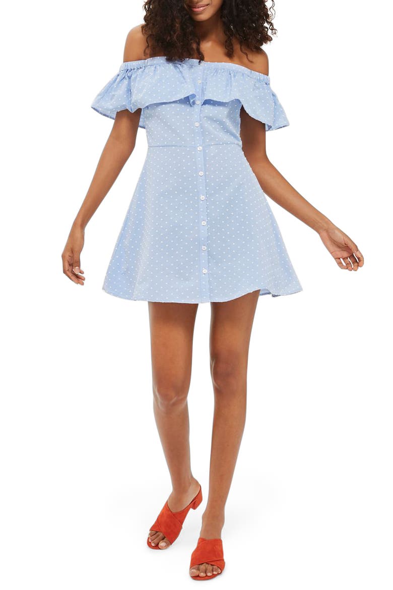 Dobby Dot Off the Shoulder Dress, Main, color, LIGHT BLUE MULTI