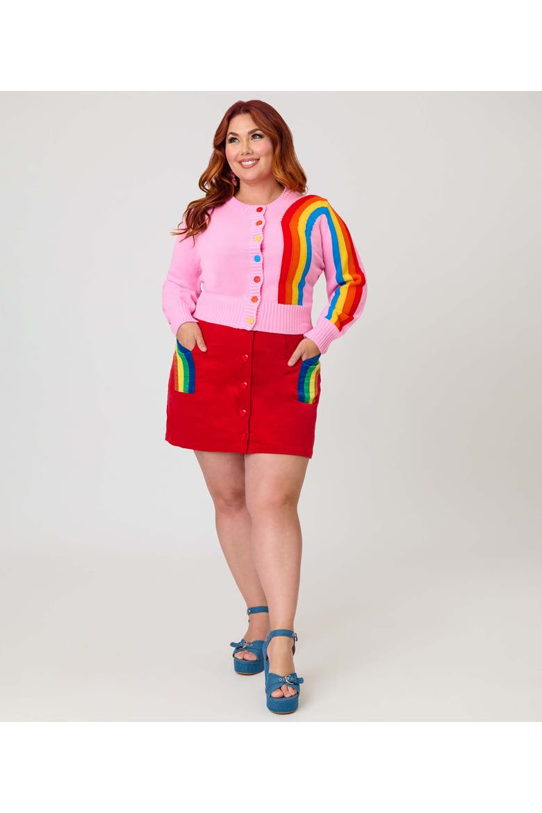 Plus Size 1950s Cropped Cardigan, Alternate, color, Pink w/ Rainbow Print