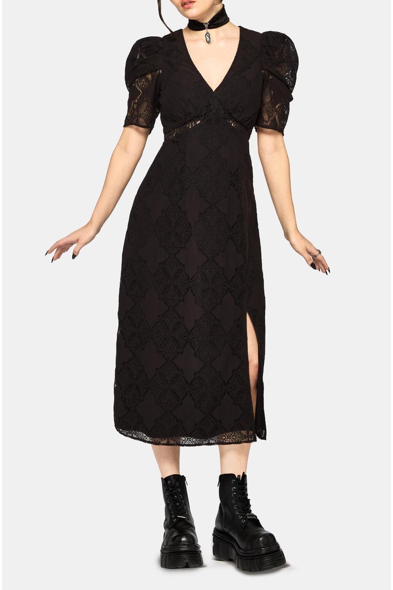 Zephyr Crossed Lace V-Neck Midi Dress, Alternate, color, Black