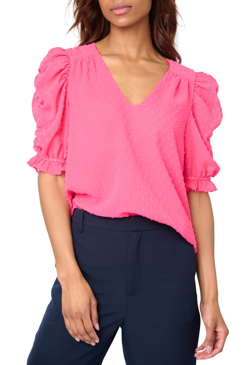 Clip Dot Ruched Sleeve Chiffon Top, Main, color, BRIGHT PINK ROSE