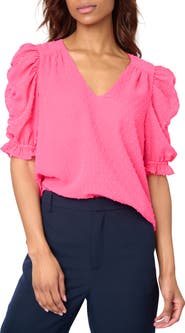GIBSONLOOK Clip Dot Ruched Sleeve Chiffon Top