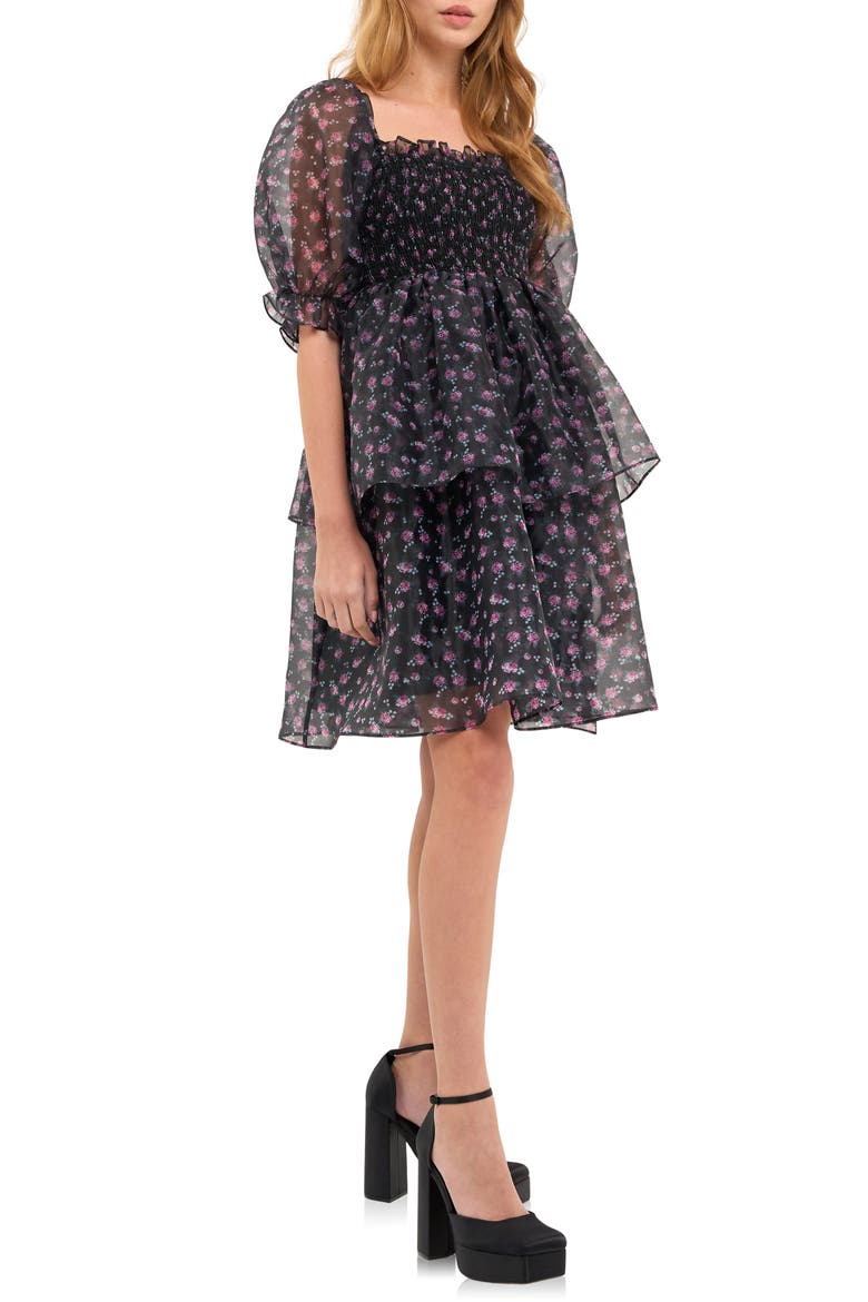 Floral Shirred Puff Sleeve Organza Dress, Alternate, color, BLACK NAVY