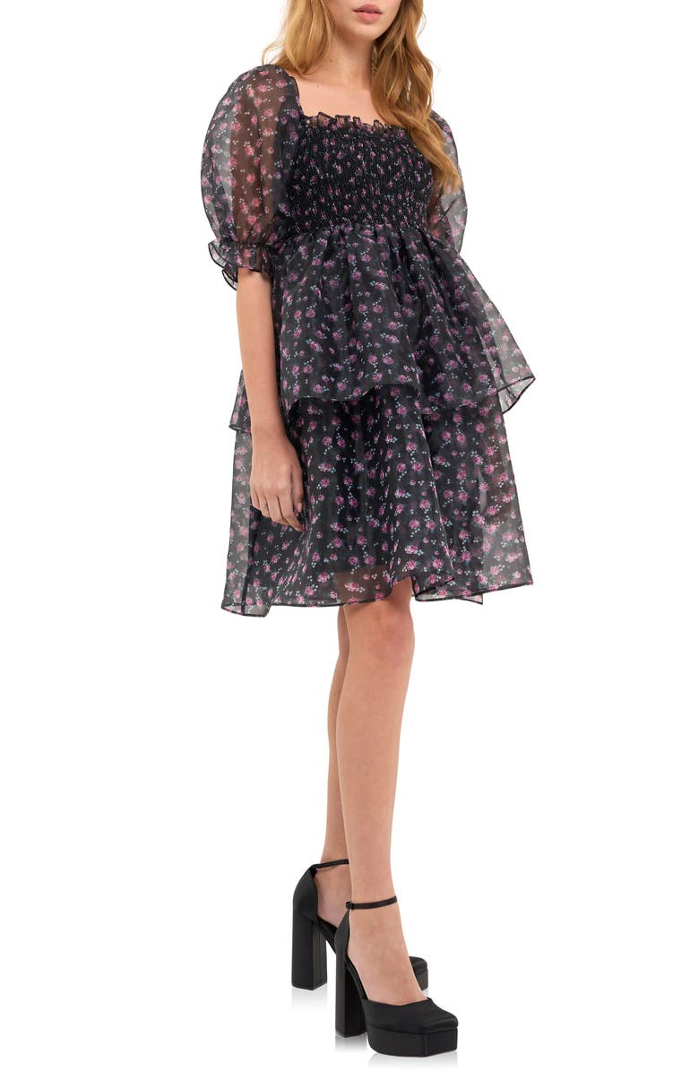 Endless Rose Floral Shirred Puff Sleeve Organza Dress, Alternate, color, Black Navy