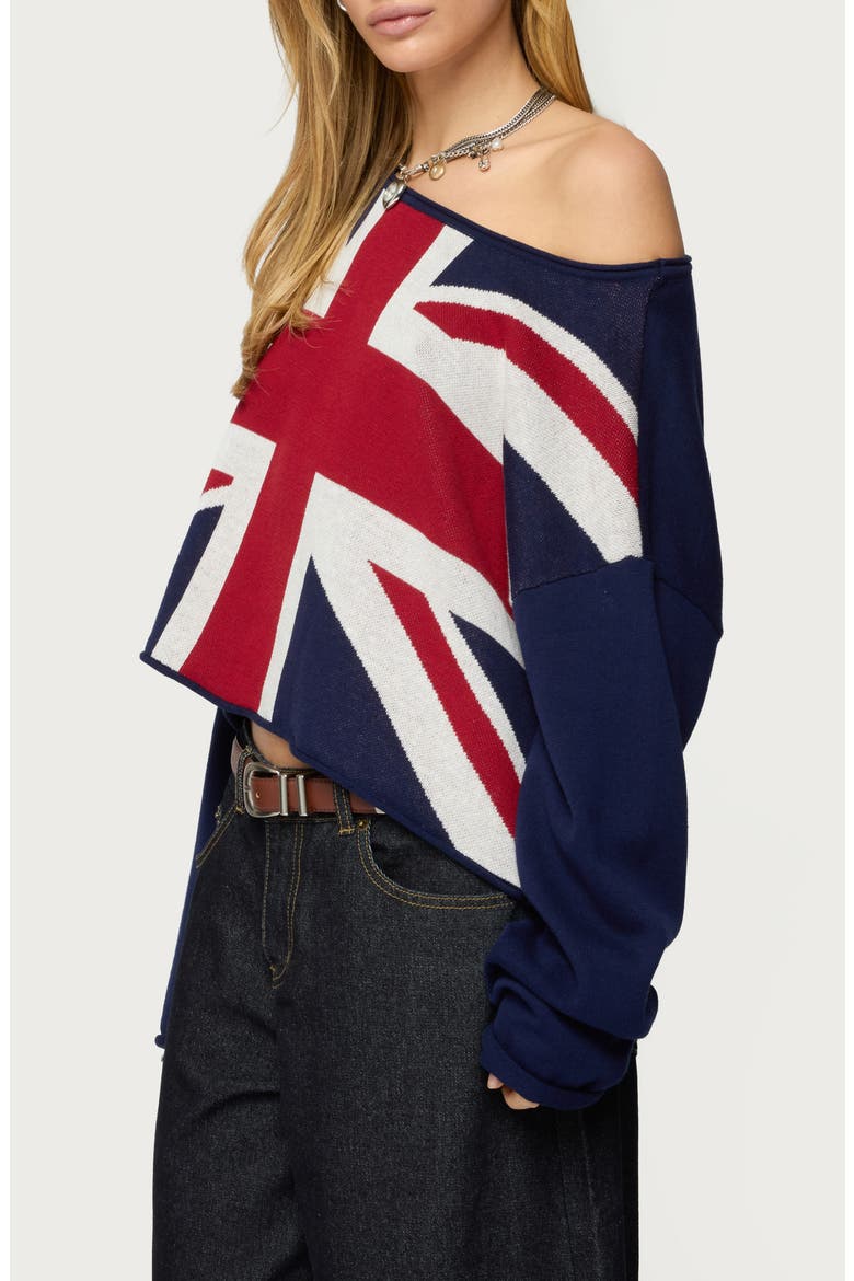 London Babe Off the Shoulder Cotton Graphic Sweater, Alternate, color, NAVY
