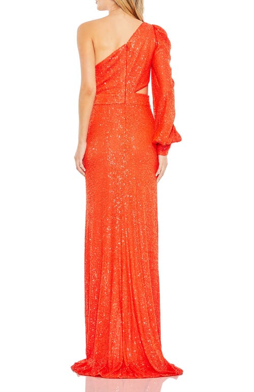 Mac Duggal Sequined One Shoulder Cut Out Gown In Tangerine