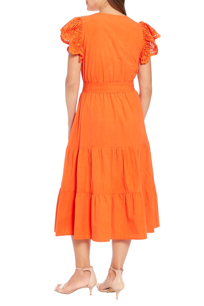 Eyelet Flutter Sleeve Tiered Midi Dress, Alternate, color, ORANGE