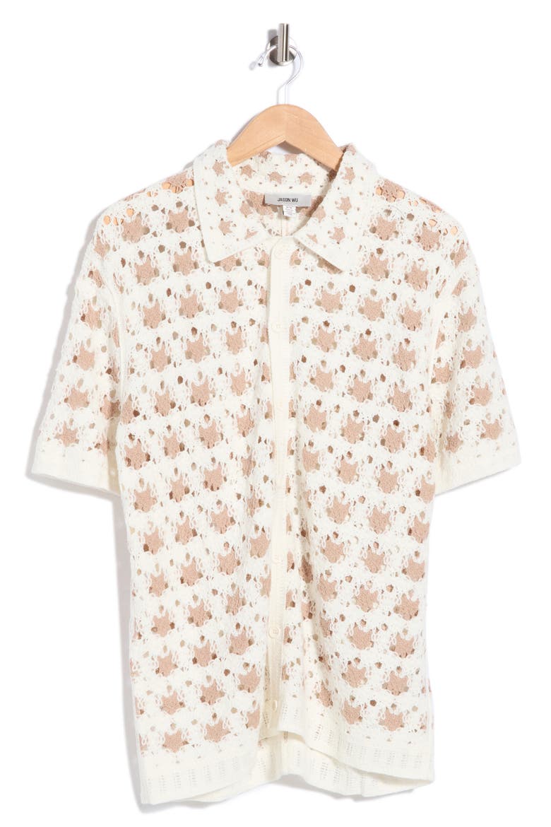 Ecru Splash Crochet Button-Up Shirt, Alternate, color, IVORY/ BEIGE