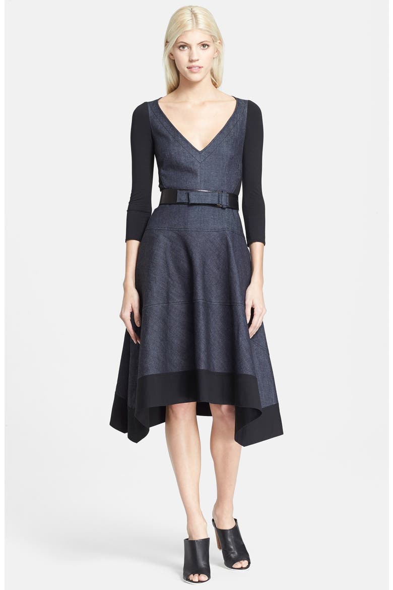 Jersey Contrast Denim Fit & Flare Dress, Main, color, INDIGO