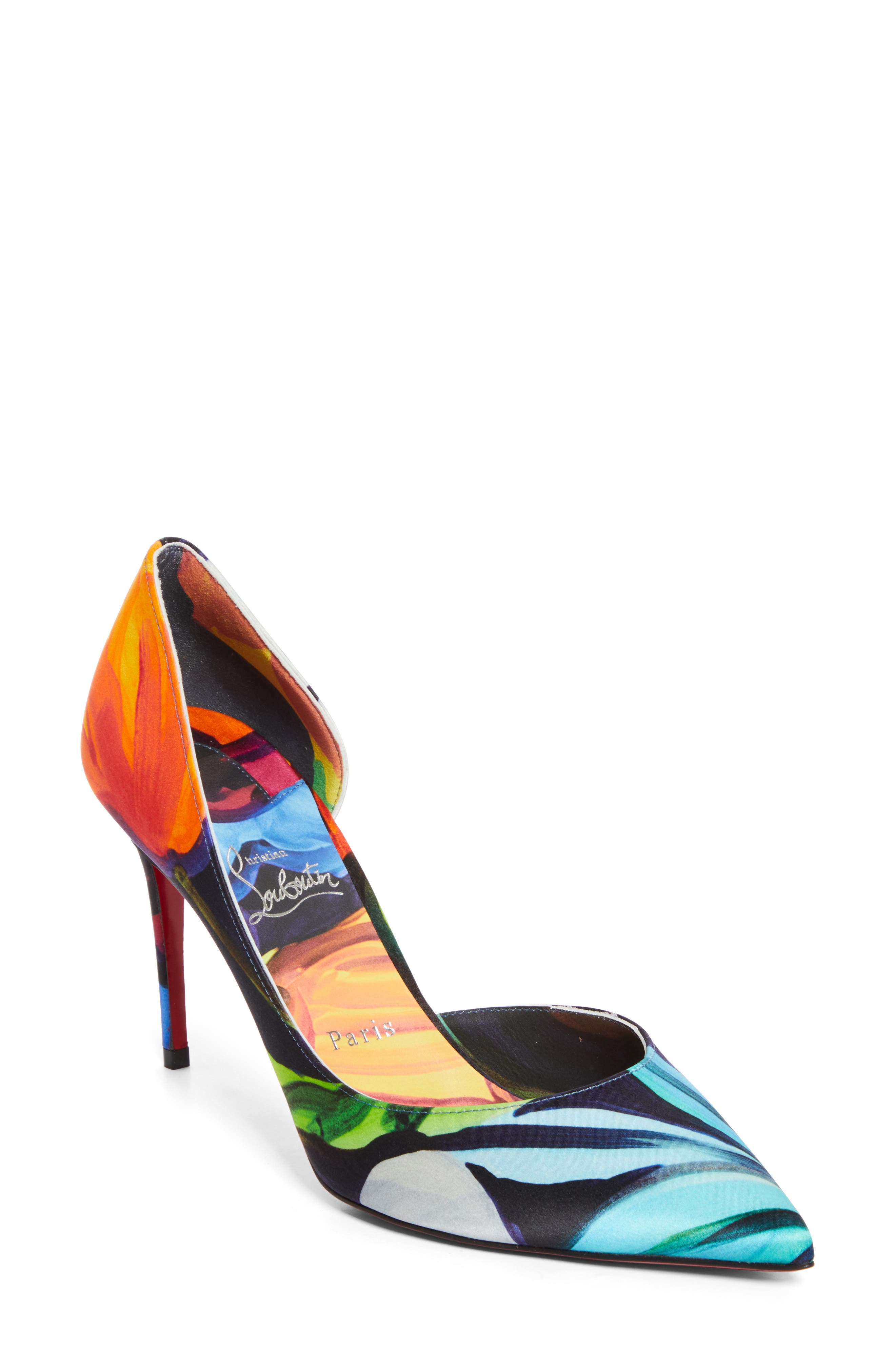 Iriza Flower Pointed Toe Half d'Orsay Pump, Main, color, ORANGE MULTI/ LIN MULTI