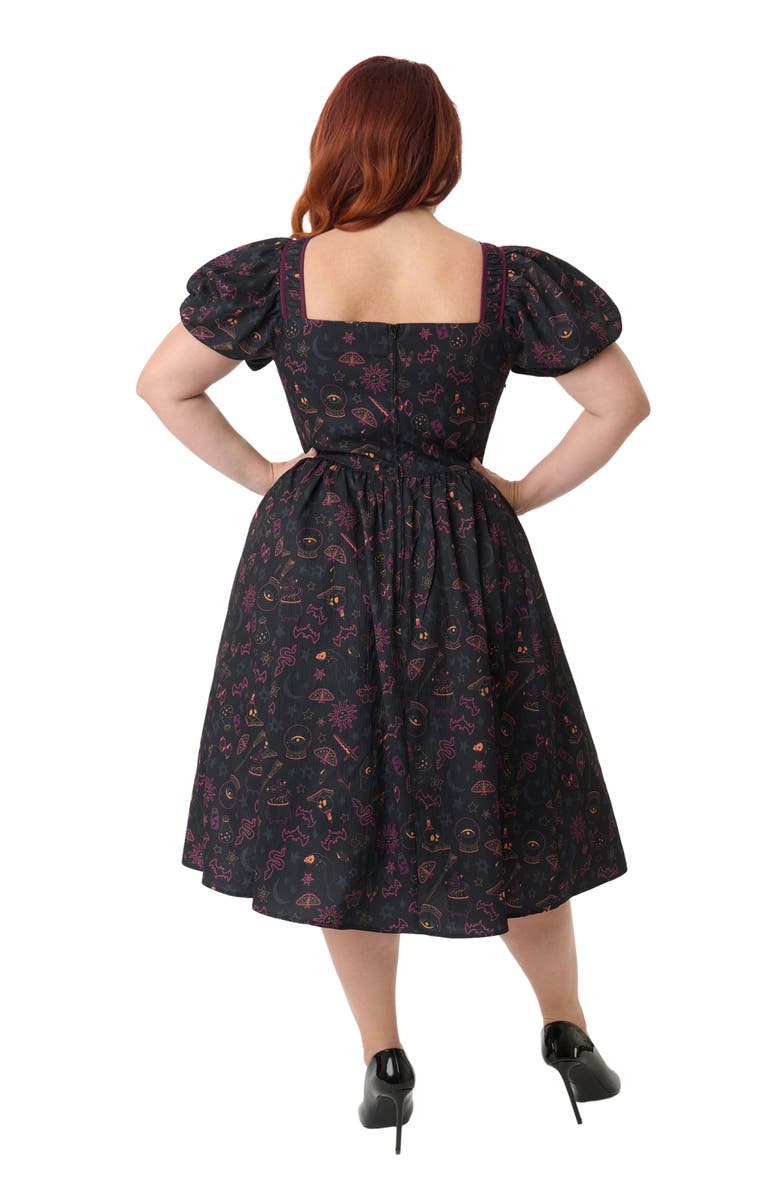 Unique Vintage Plus Size 1940s Sweetheart Button Front Swing Dress, Alternate, color, Black Mystical Icons