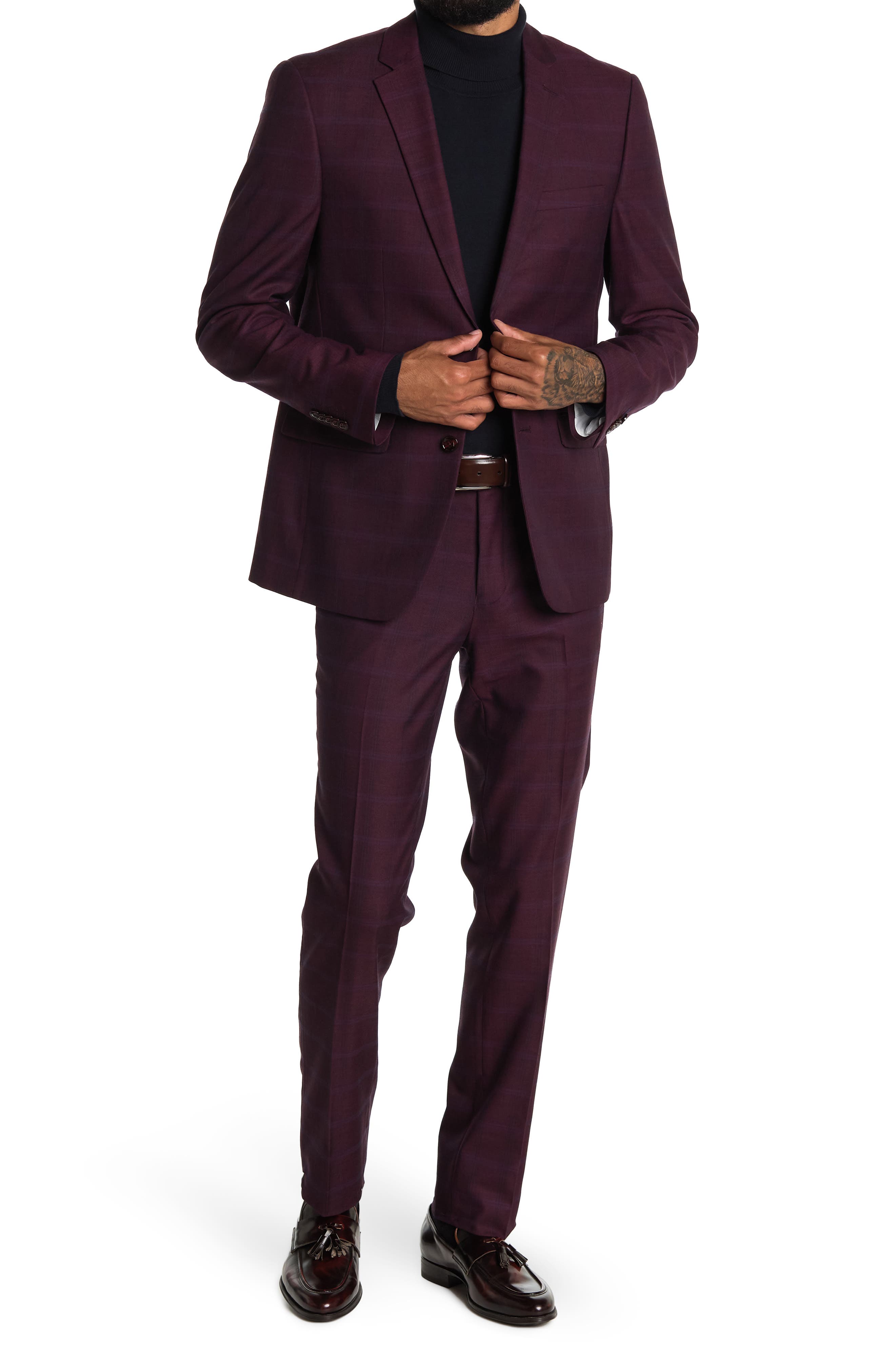 SOUL OF LONDON Burgundy Check Two Button Notch Lapel Suit (Men ...