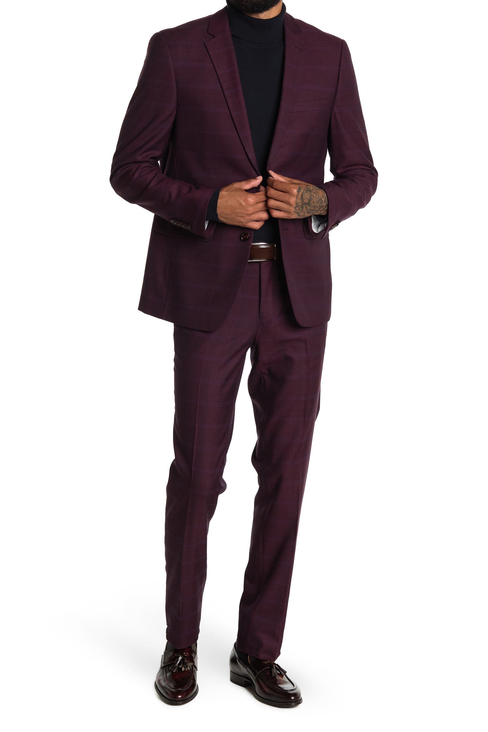 Maroon Check Rug SOUL OF LONDON Burgundy Check Two Button Notch Lapel Suit (Men ...