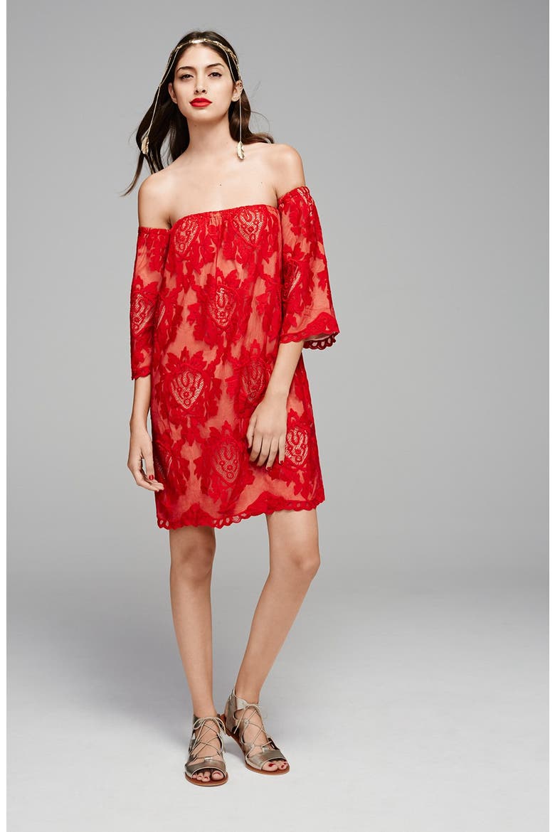 Lace Off the Shoulder Dress, Alternate, color, RED