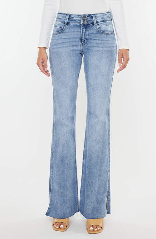 Kancan Mid Rise Double Waist Band Flare Jeans In Medium Wash In Medium Wash