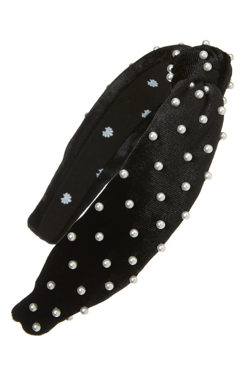 Lele Sadoughi Petite Imitation Pearl Embellished Velvet Headband, Main, color, 