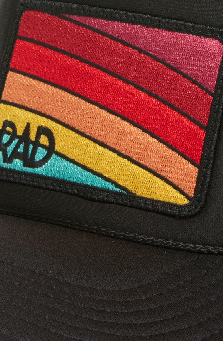 Friday Feelin’ Rad Rainbow Patch Trucker Hat, Alternate, color, Black