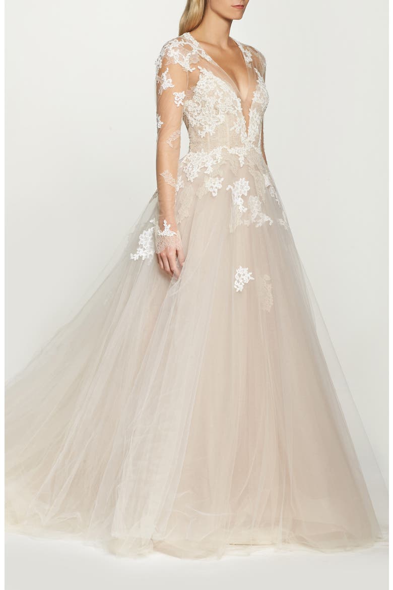Rachelle Long Sleeve Tulle Wedding Dress, Alternate, color, LATTE