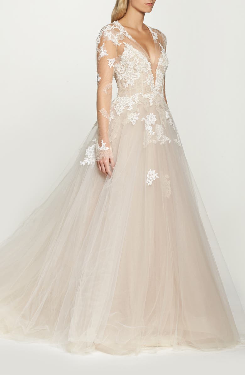 Monique Lhuillier Rachelle Long Sleeve Tulle Wedding Dress, Alternate, color, 