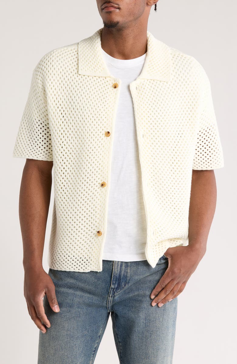 PacSun Spence Open Stitch Knit Button-Up Shirt, Main, color, Cream