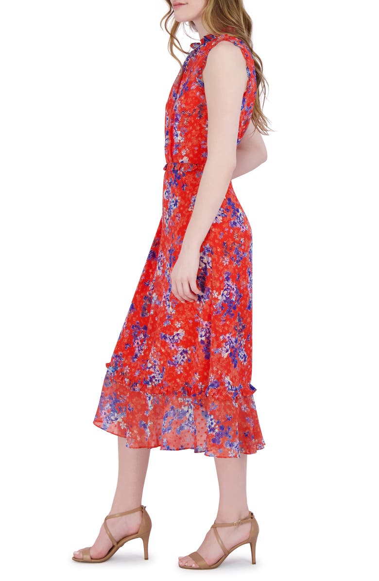 Julia Jordan Floral Swiss Dot Sleeveless Midi Dress, Alternate, color, Orange Mul