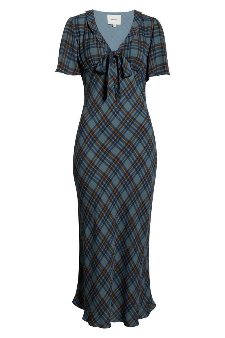 Tyra Plaid Crepe Midi Dress, Alternate, color, SLATE PLAID