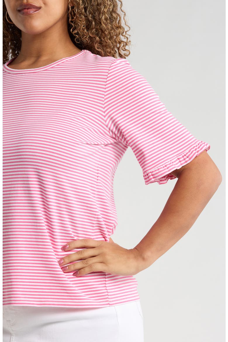 Stripe Frill Sleeve Stretch Cotton Top, Alternate, color, DUTCH PINK / NATURAL WHITE