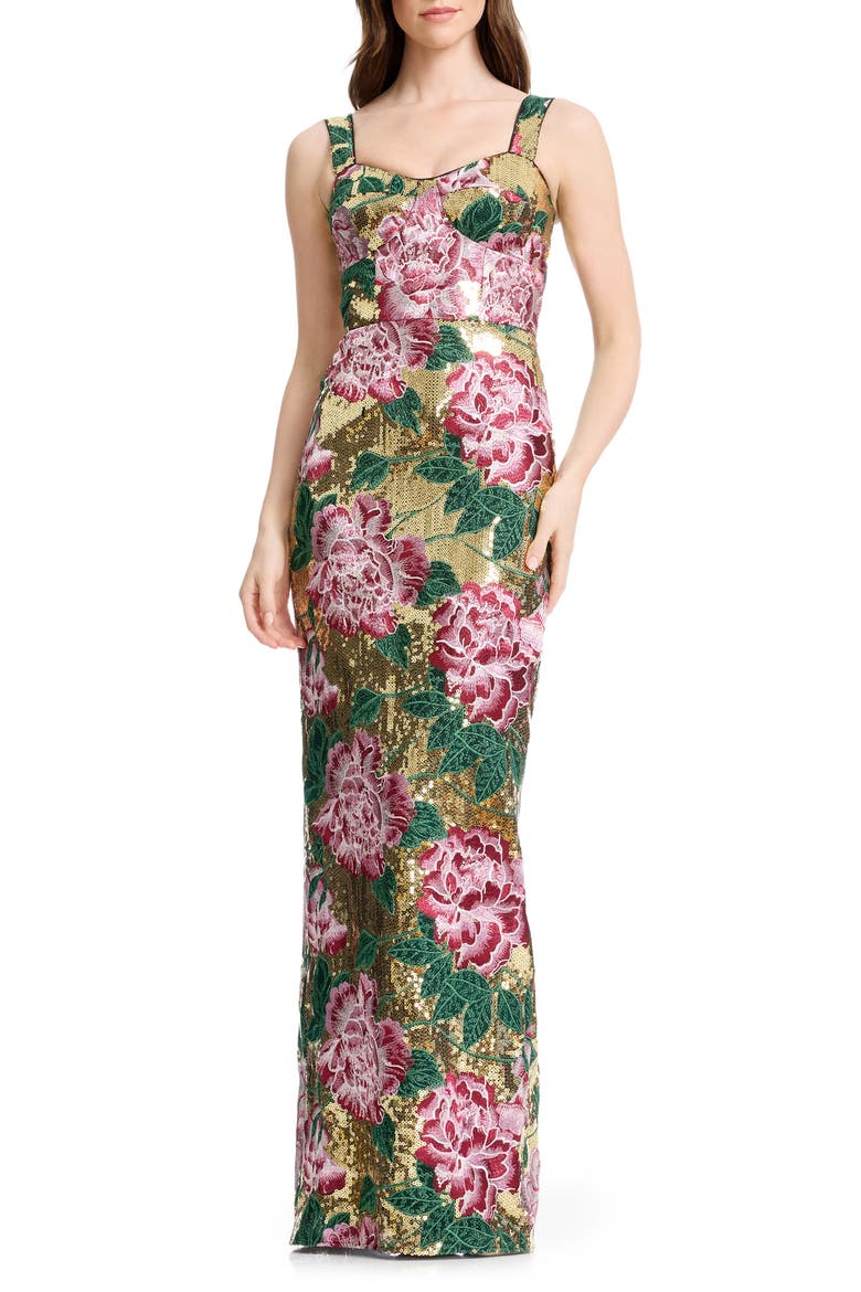 Reese Embroidered Floral Sequin Sheath Gown, Main, color, GOLD MULTI