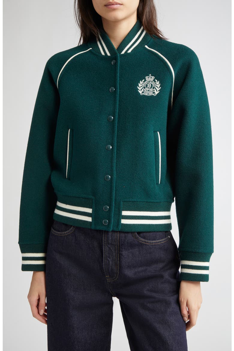 Crest Detail Wool & Cashmere Varsity Jacket, Alternate, color, DARK GREEN