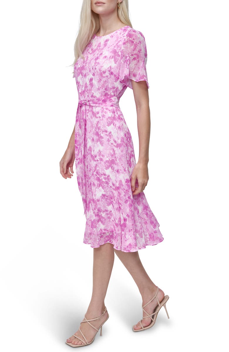 DKNY Floral Short Sleeve Godet Chiffon Midi Dress, Alternate, color, 